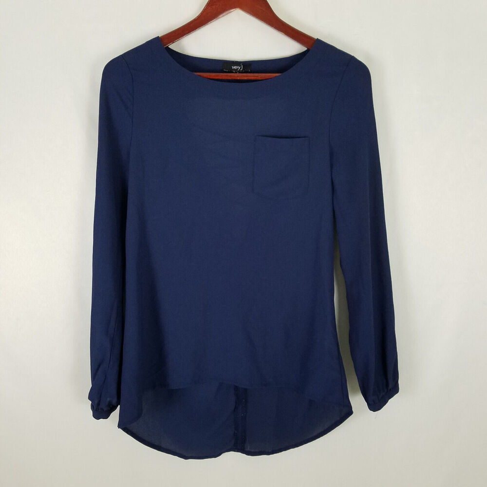 Very J Shirt Juniors Small Blue Tunic Top Long Bishop Sleeve Strappy Back Sheer